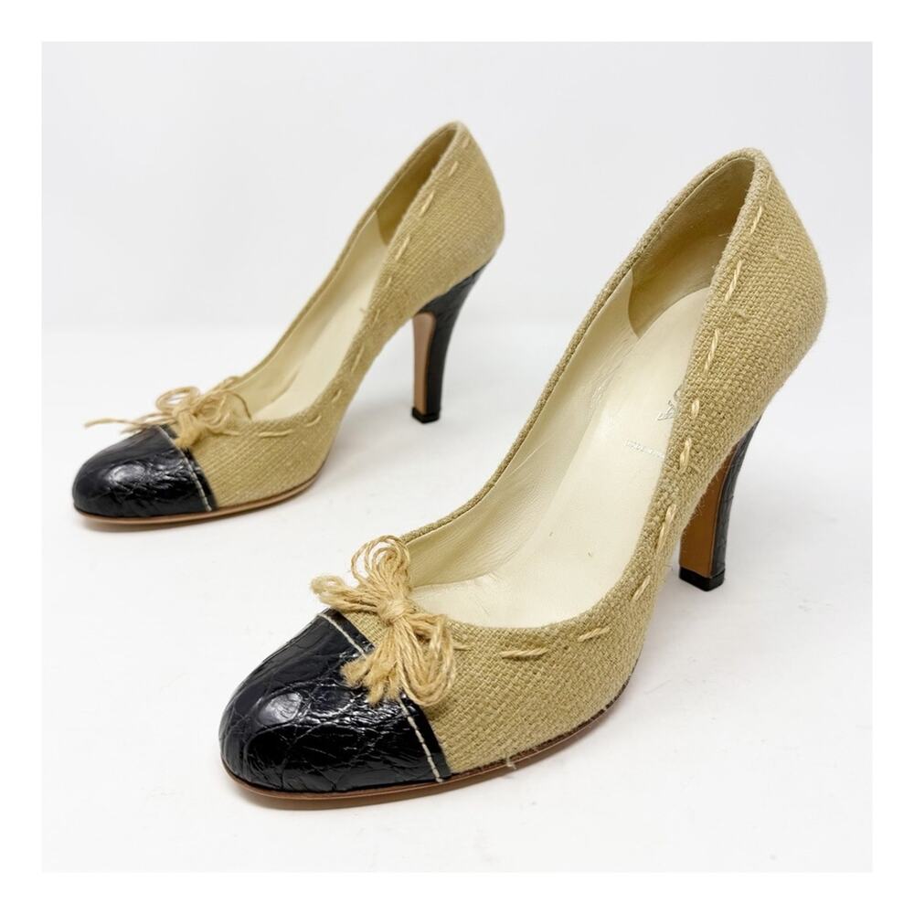 Vintage Prada Cap Toe Bow Pumps Heels Womens Size EU 38